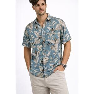 Voyage Mens Hawaiian Shirt Blue Palm Leaf Tropical Button Up Short Sleeve Sz Sm